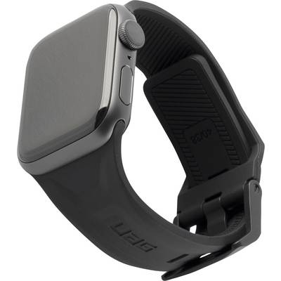 Een zwarte smartwatch met een rechthoekig scherm en een gestructureerde rubberen band wordt getoond vanuit een zijhoek, waarbij het strakke ontwerp wordt benadrukt.
