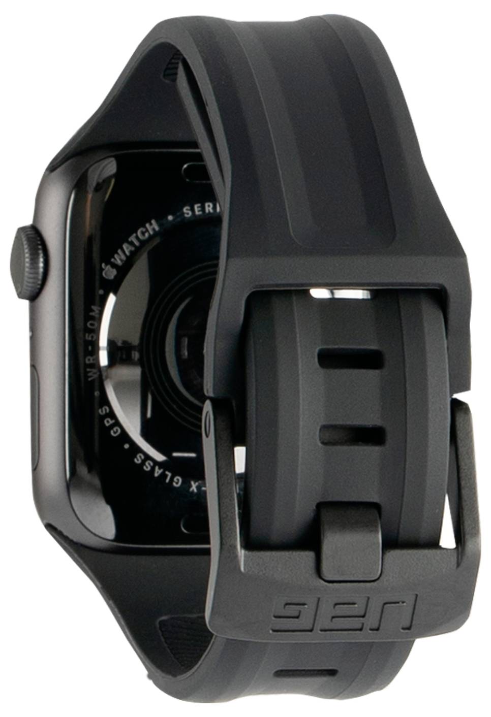 Een smartwatch met een robuuste zwarte rubberen band en een zichtbare gesp, die een stevig en duurzaam ontwerp laat zien dat geschikt is voor actief gebruik.