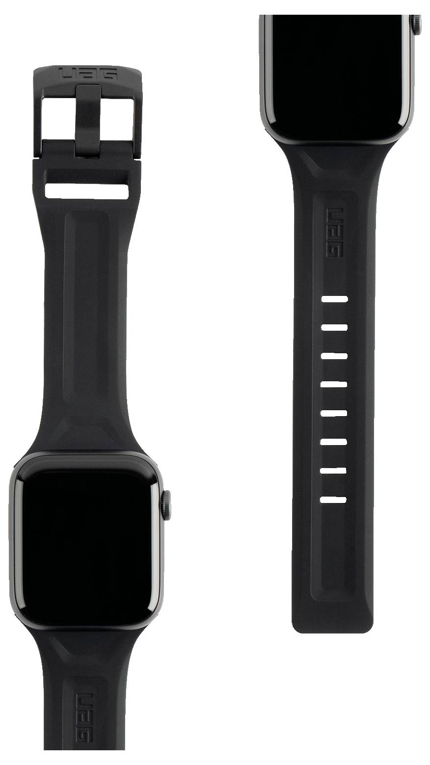 Zwarte smartwatch met een bijpassende band, getoond in zowel voor- als zijaanzicht. De band beschikt over meerdere aanpassingsgaten voor maatvoering.