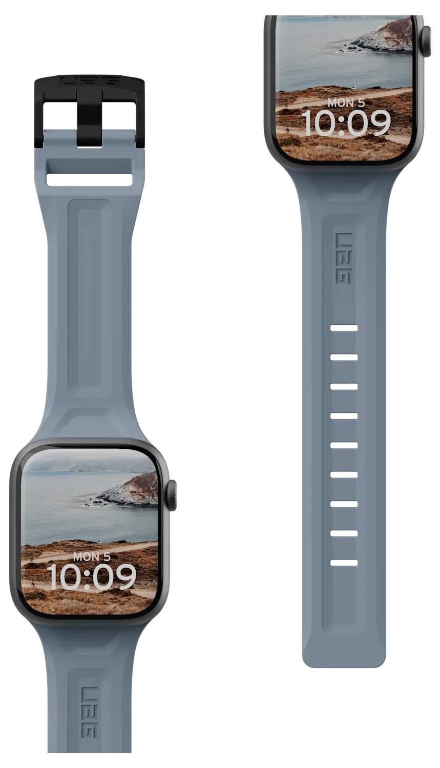 Moderne smartwatch met een blauwe band, die 'Maandag 5' om 10:09 weergeeft, tegen een kustige achtergrond op het scherm.