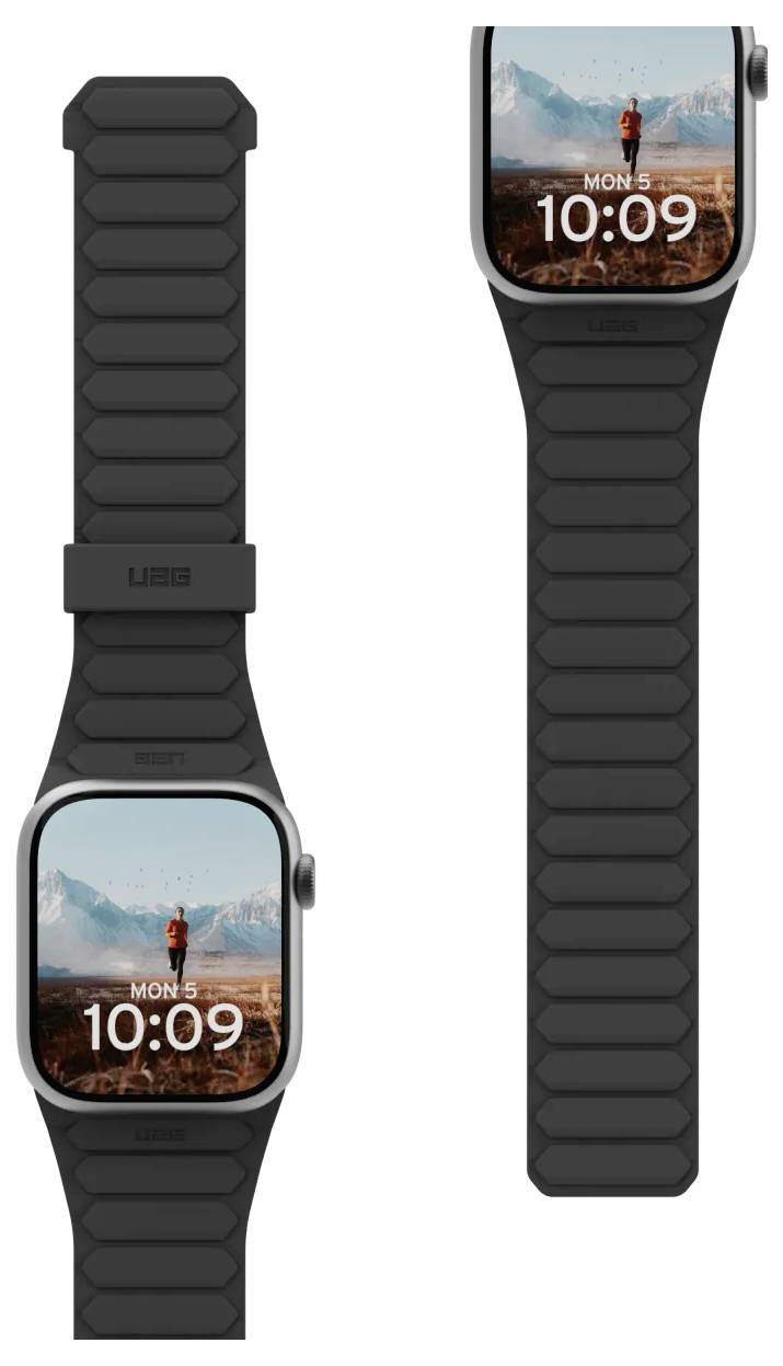 Een zwarte smartwatch met een berglandschapsafbeelding op het display. De tijd '10:09' en 'MON 5' worden op het scherm weergegeven.