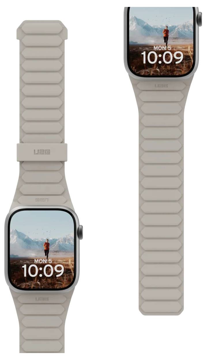 Smartwatch met een beige band, waarbij een berglandschap en een wandelaar op het scherm te zien zijn met de tijd '10:09' en de dag 'Ma 5'.