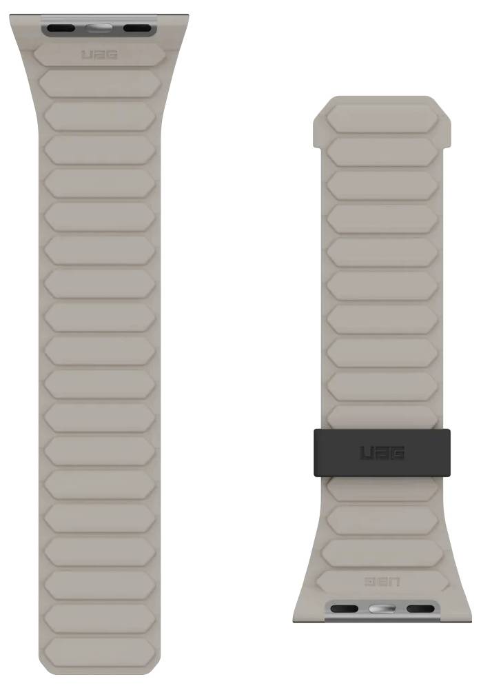 Een beige smartwatch band met een geribde textuur; één band aan de voorkant en de andere aan de achterkant, waarbij de sluiting wordt getoond.