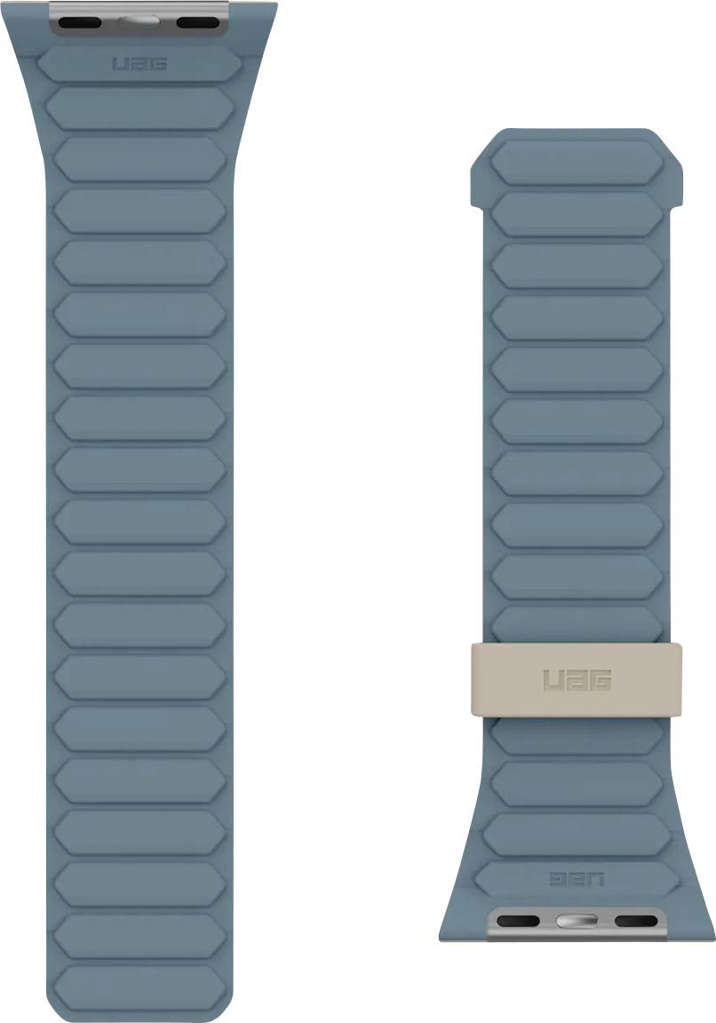Blauwe smartwatch-band met een gestructureerd, gesegmenteerd ontwerp en een beige sluiting, weergegeven in twee secties om beide uiteinden te tonen.
