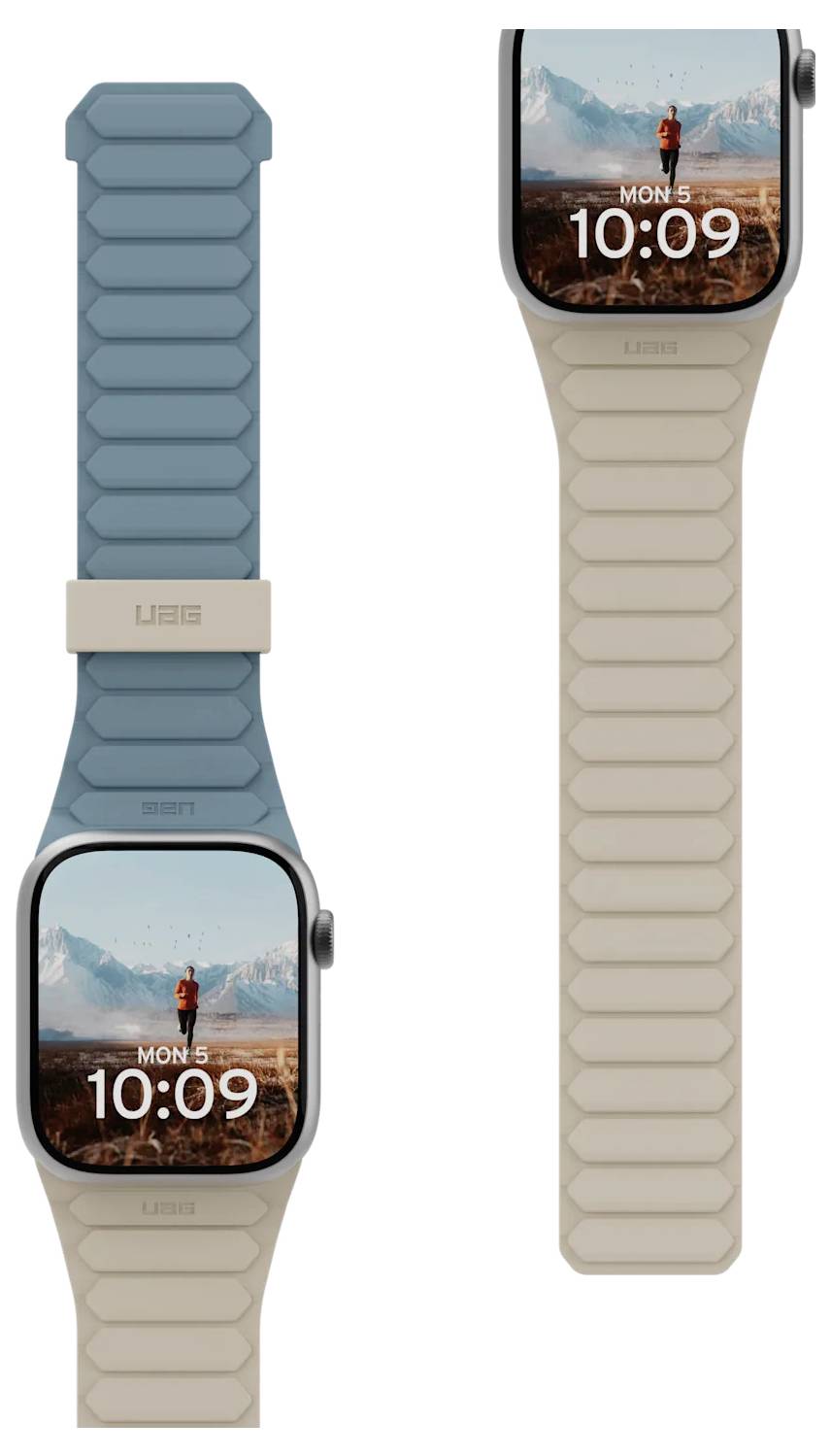 Twee smartwatches met robuuste bandjes. Eén blauw, één beige met een berglandschap op het scherm waarop 'Ma 5, 10:09' staat.