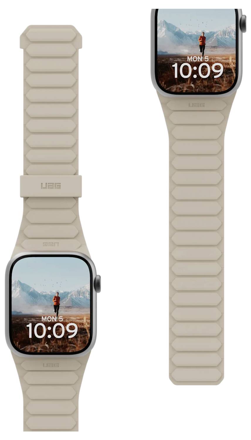 Een slimme horloge met een beige geweven polsband toont een schilderachtige bergenwallpaper en de tijd '10:09' op het scherm.