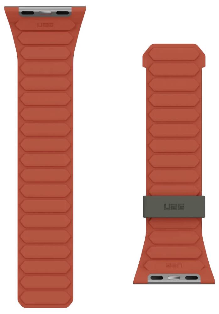 Rode, gestructureerde horlogeband met een grijze sluiting gelabeld 'UAG', ontworpen voor een smartwatch. De band wordt getoond in twee weergaven: voor- en achterkant.