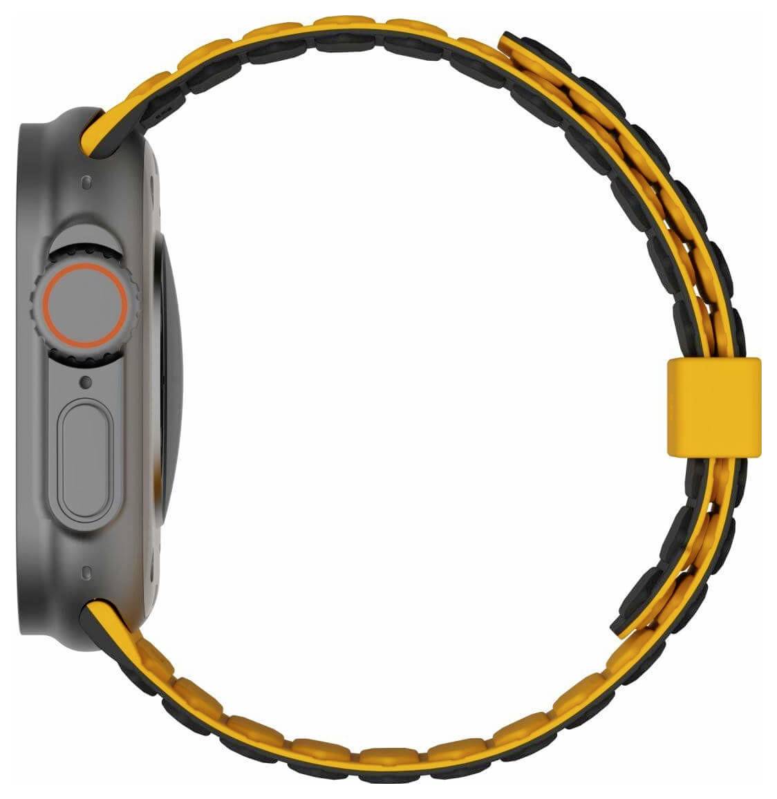 Een smartwatch met een grijze behuizing en een geel-zwarte band, waarop een natuurlandschap met bergen wordt weergegeven en de tijd 10:09 op het scherm staat.