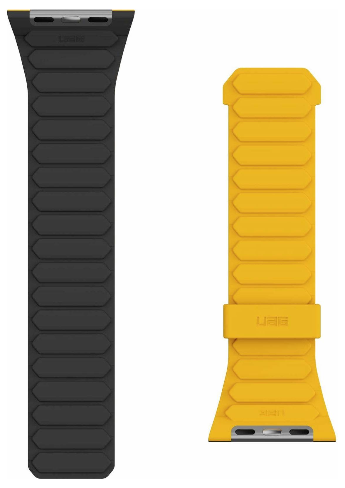 'UAG Apple Watch-bandjes' in zwart en oranje. Beide hebben een robuust, gestructureerd ontwerp met een metalen sluiting, geschikt voor gebruik buitenshuis.