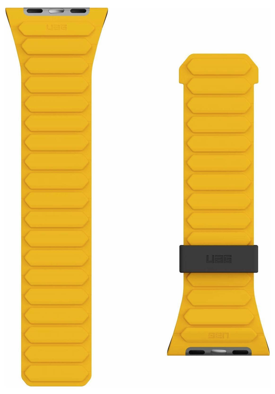 Een smartwatch met een feloranje bandje, waarop de tijd '10:09' wordt weergegeven op maandag 5, met een berglandschapachtergrond.