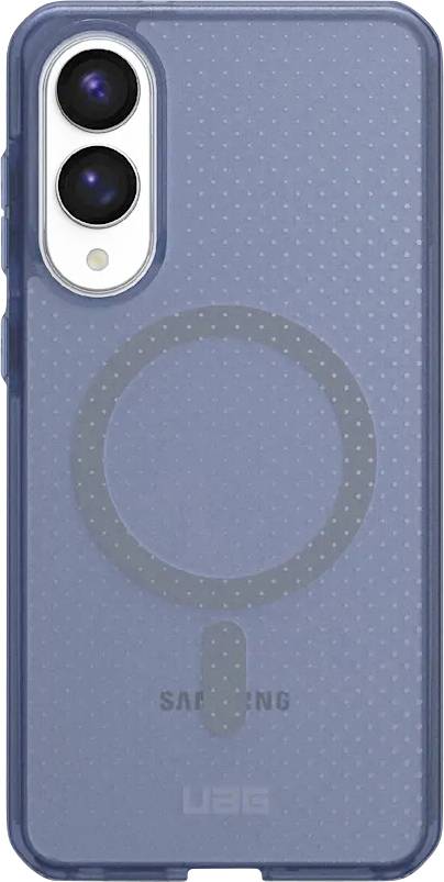 Close-up van een blauwe beschermende telefoonhoes met dubbele camerauitsparingen en een circulair ontwerpkenmerk, gemerkt met 'UAG' en 'SAMSUNG'.