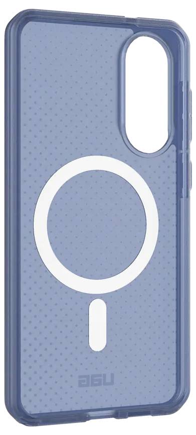 Blauwe telefoonhoes met cirkelvormig ontwerp, gestructureerde oppervlakte en uitsparing voor camera.