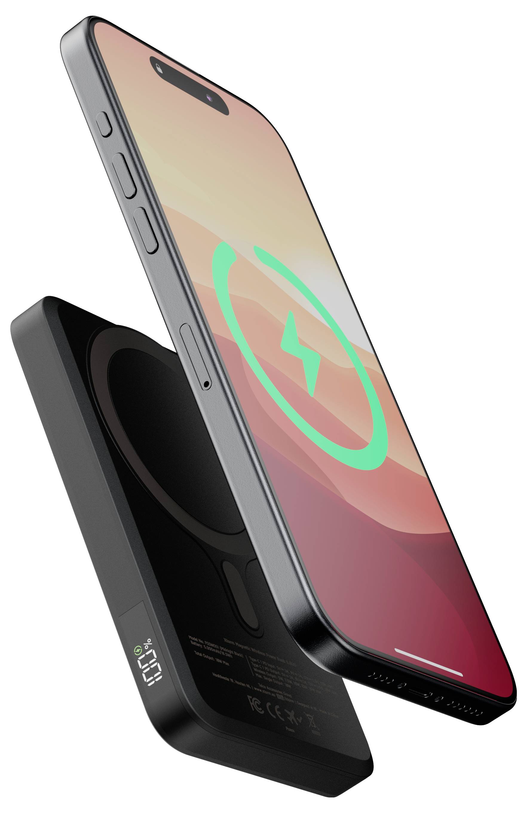 'iPhone met draadloos oplaadsymbool, waarbij het opladen in uitvoering is met een MagSafe batterijpack eronder.'