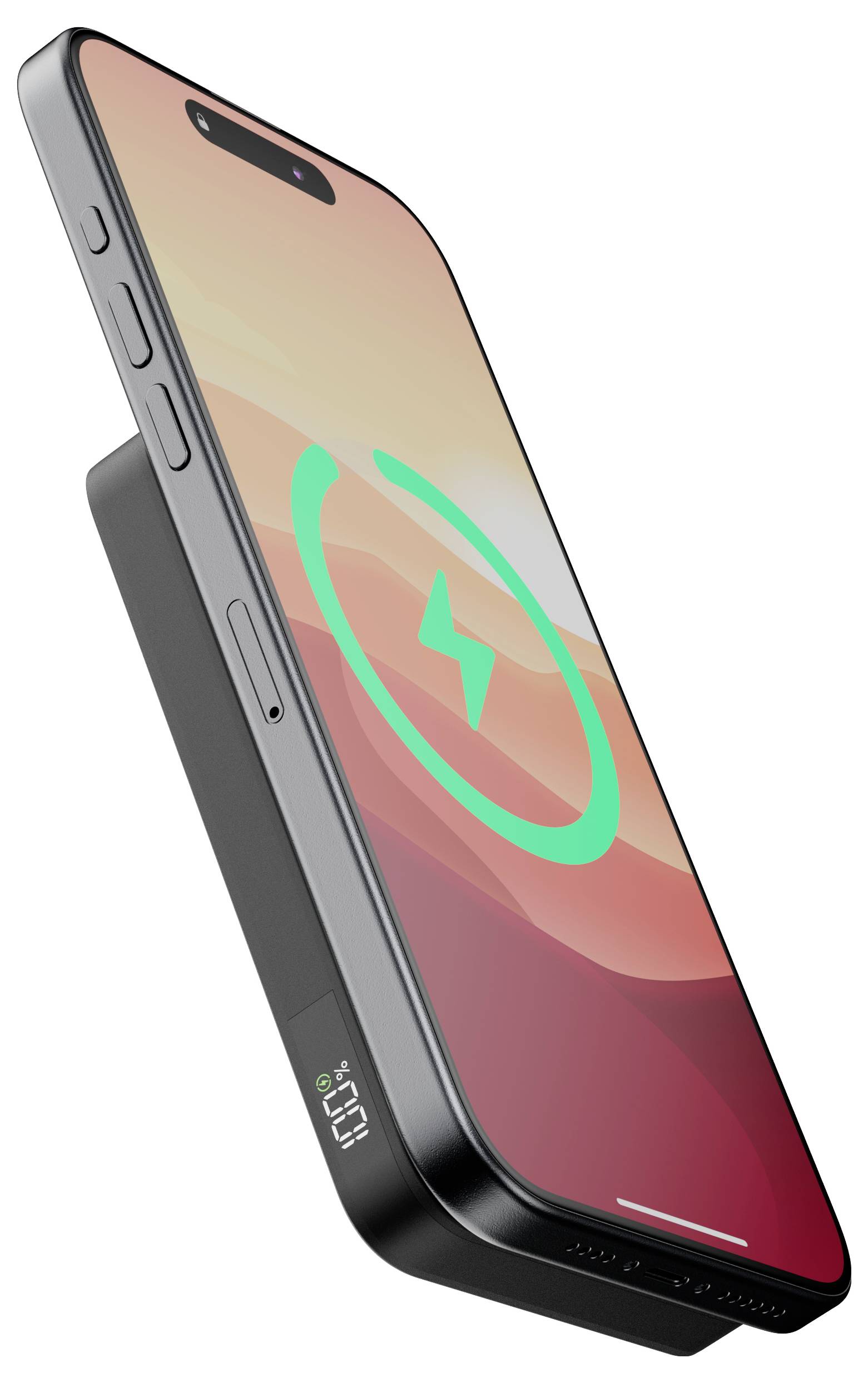 Een smartphone met een draadloos oplaadsymbool op het scherm en een oplaadaccessoire bevestigd aan de achterkant.