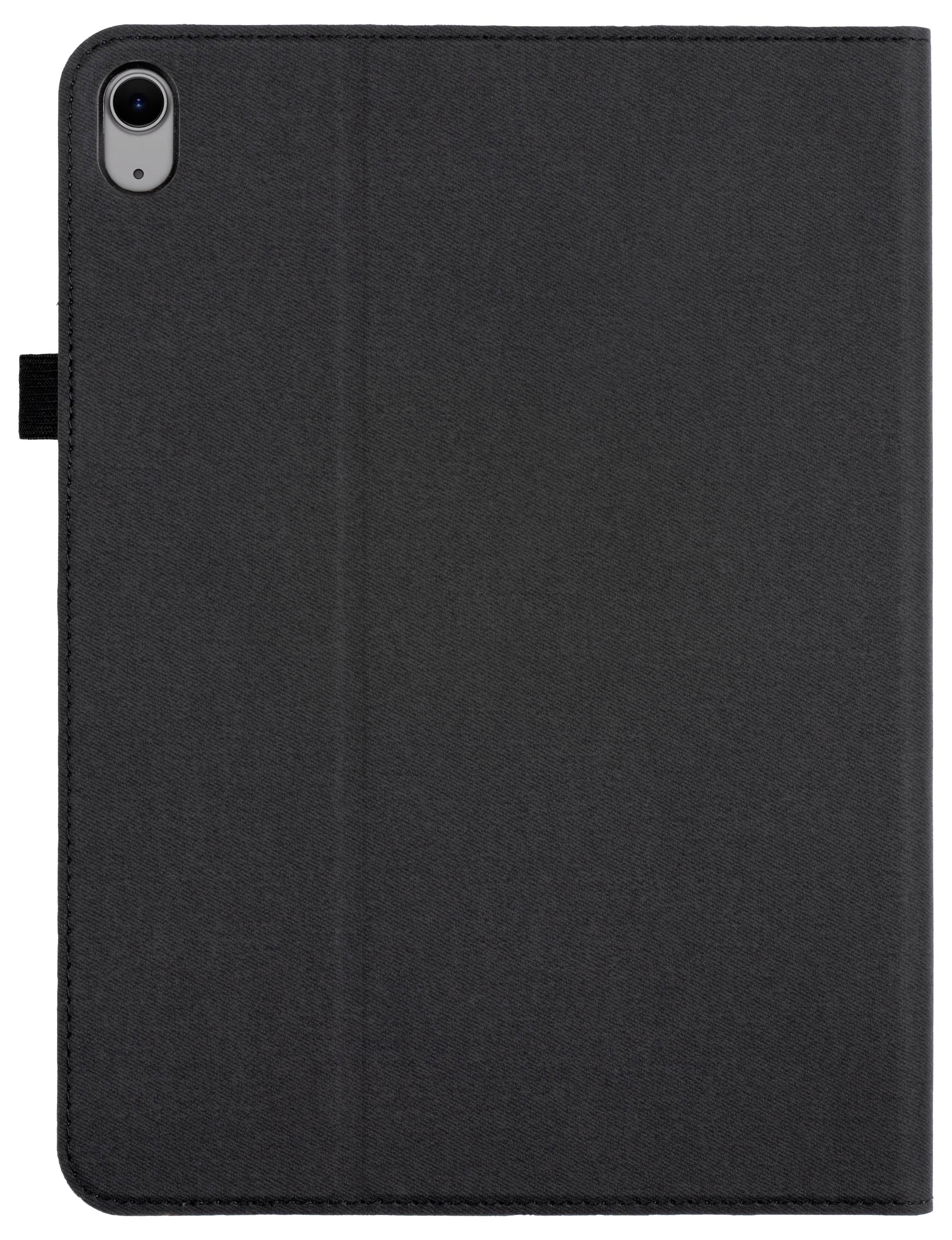 Een zwarte tablettas met een camerauitsparing in de linkerbovenhoek wordt rechtop getoond, ontworpen om een tabletapparaat te passen en te beschermen.