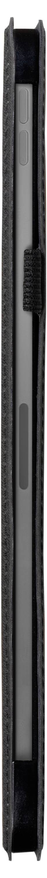 Een slanke, rechthoekige voorwerp in een zwarte behuizing met zichtbare stiksels en een riem in het midden, mogelijk een technologisch apparaat of accessoire.