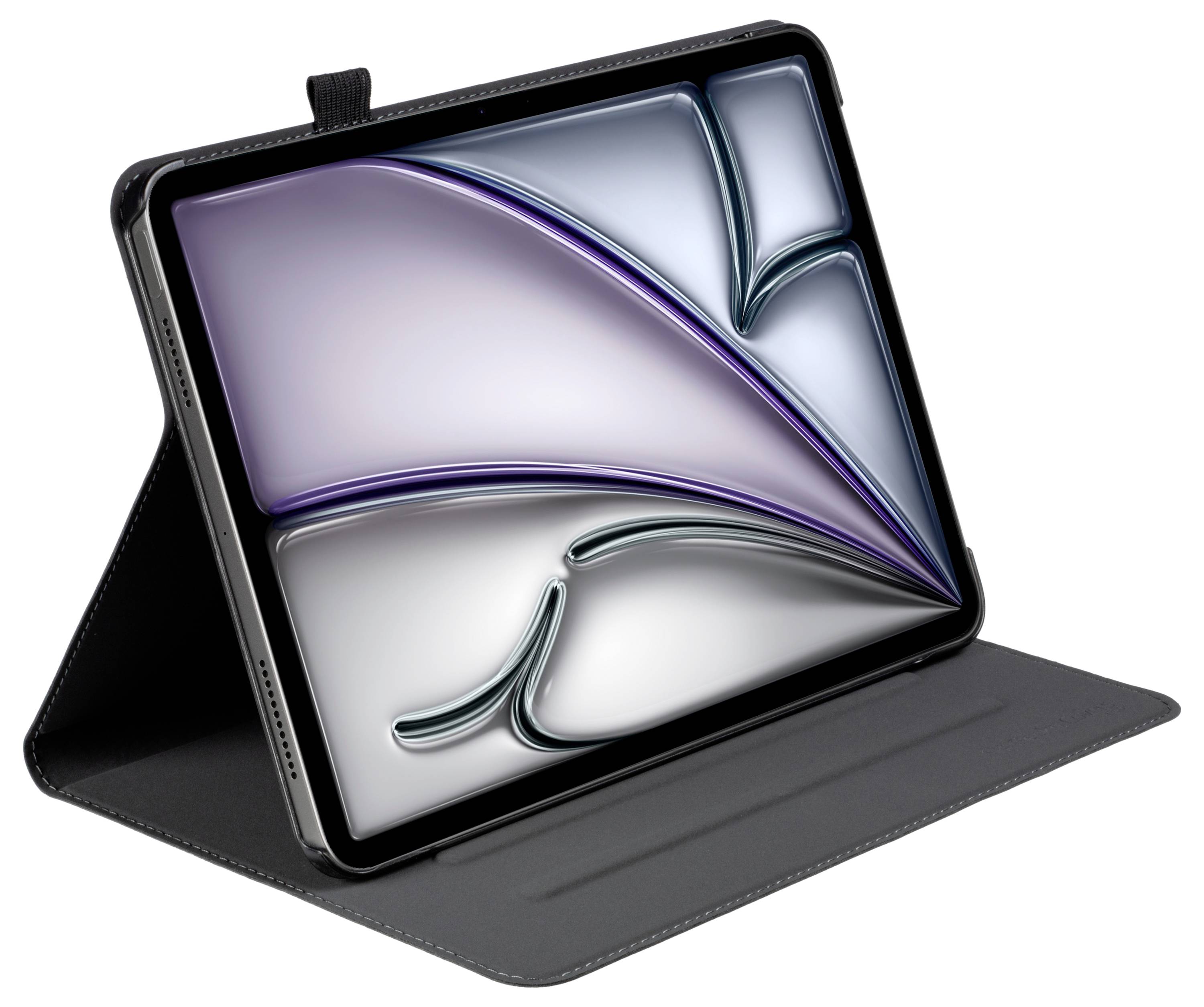 Een tablet in een zwarte behuizing met abstracte geometrische vormen op het scherm, wat wijst op artistiek of ontwerpgerelateerd gebruik.