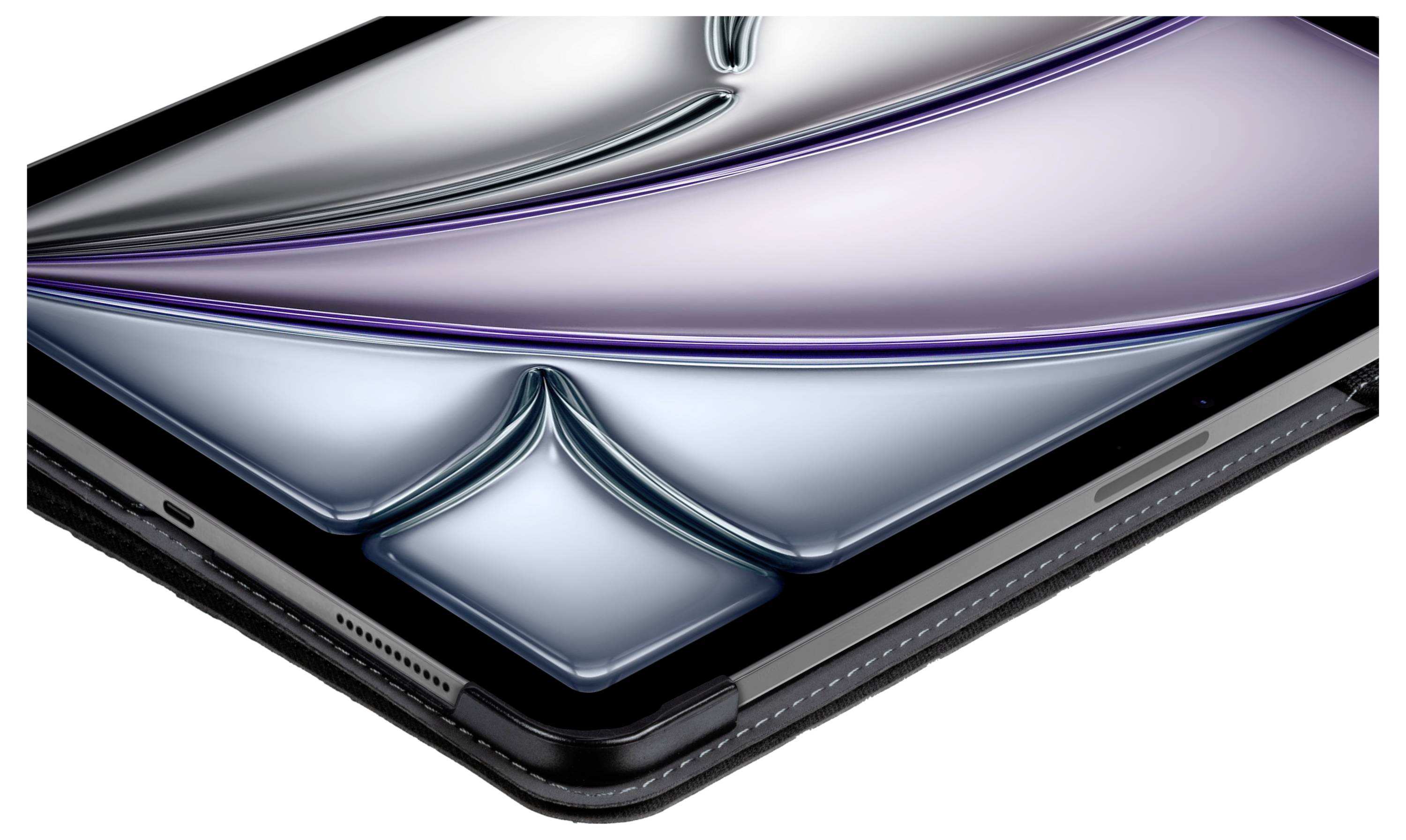 Een close-up van een strakke, zwarte tablet met gladde, reflecterende oppervlakken en afgeronde randen, waarbij het slanke ontwerp en de moderne esthetiek worden benadrukt.