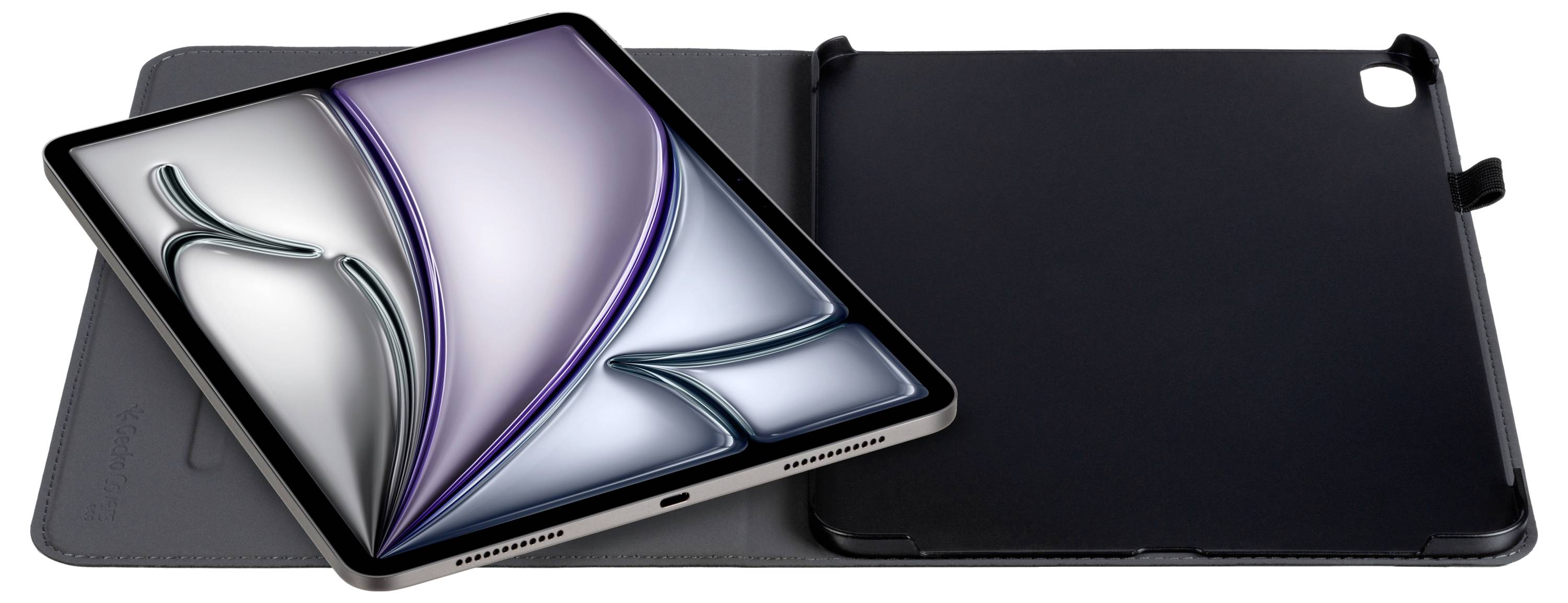 Een tablet met een kleurrijk abstract display is gedeeltelijk gesloten in een zwarte beschermhoes, waarbij het zijn strakke design laat zien.