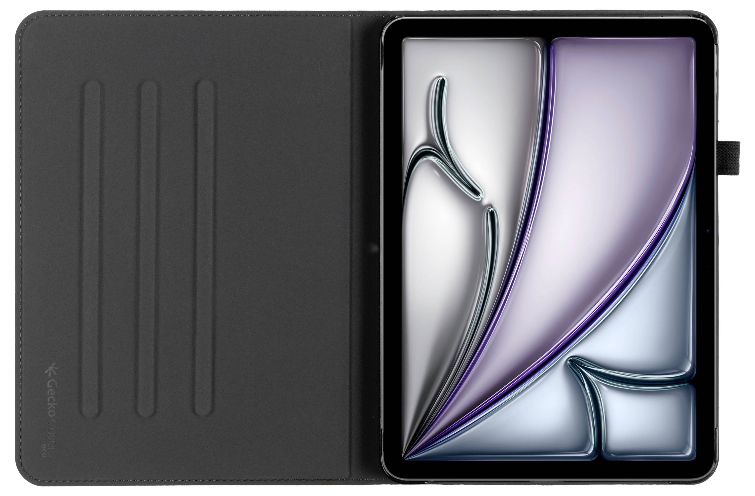 Een tablet met een artistiek, abstract ontwerp weergegeven op het scherm, met zachte curves en gradiënten in paarse en grijze tinten.