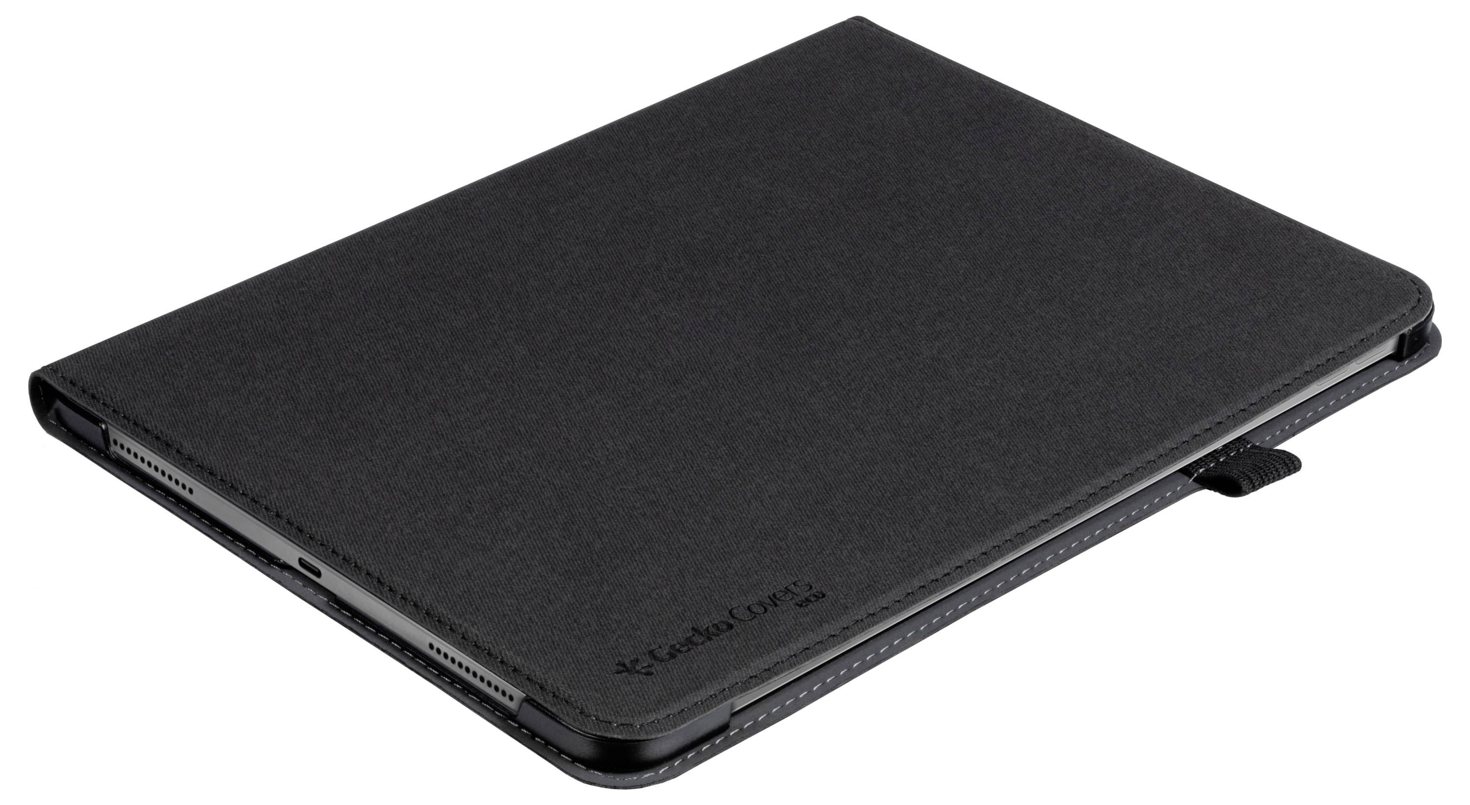 Een gesloten, zwarte tabletcover met een subtiel gestructureerde oppervlakte, bekeken vanuit een lichte hoek.