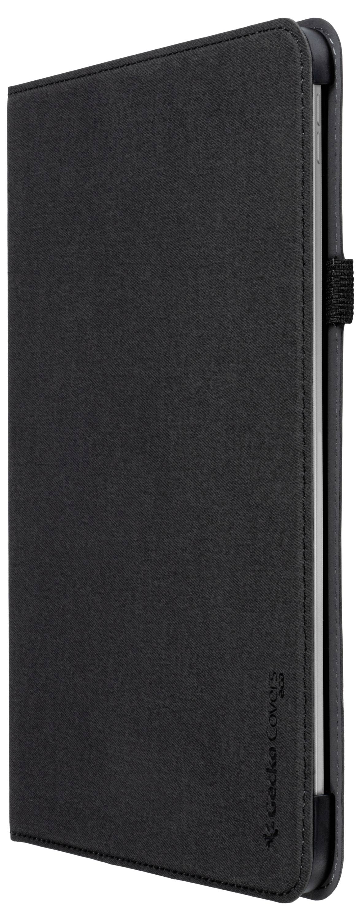 Een strakke zwarte tabletbehuizing met een gestructureerde stoffen hoes, voorzien van een penhouder aan de zijkant.