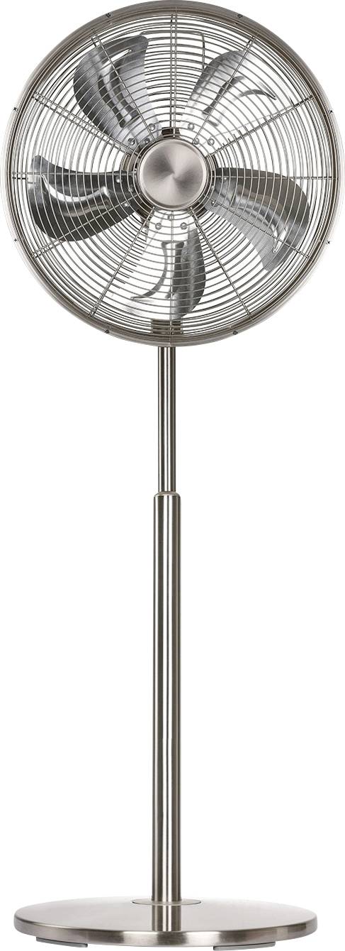 Een staande ventilator met een metalen behuizing, drie bladen en een verstelbare hoogte, ontworpen voor koeling en luchtcirculatie in binnenruimtes.