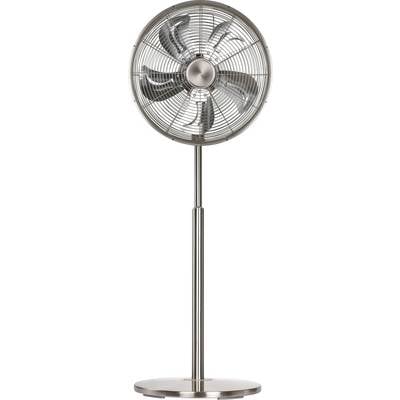 Een staande ventilator met een metalen behuizing, drie bladen en een verstelbare hoogte, ontworpen voor koeling en luchtcirculatie in binnenruimtes.