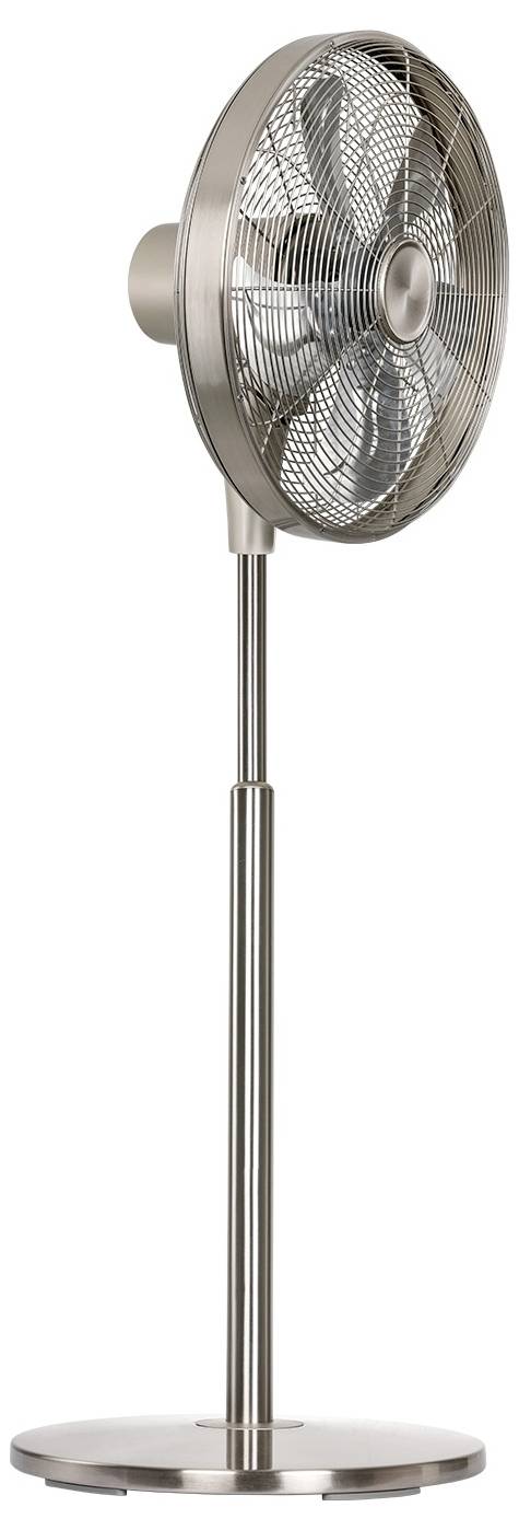 Een metalen voetventilator met een rond rooster en verstelbare hoogte, ontworpen voor het koelen van binnenruimtes.