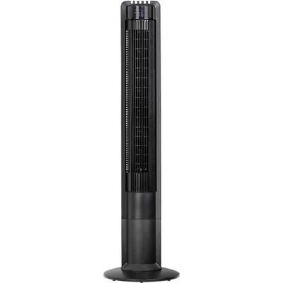 Hoge zwarte torenventilator met digitaal display, voorzien van verticale lamellen voor luchtcirculatie.