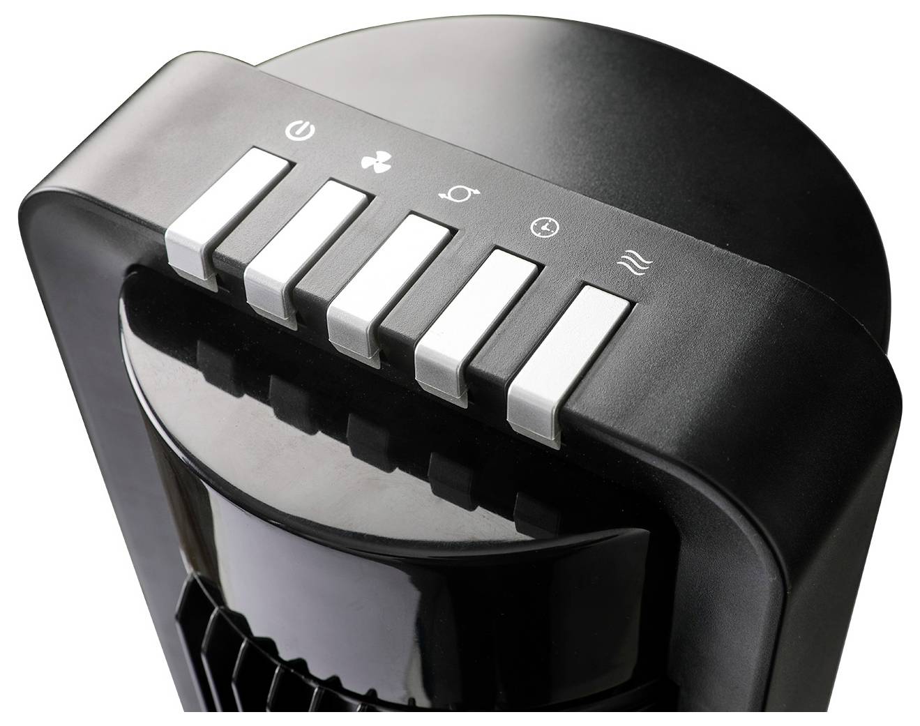 Een zwarte torenventilator met meerdere bedieningsknoppen aan de bovenkant, voorzien van symbolen voor aan/uit, oscillatie, ventilatorsnelheid en timers.