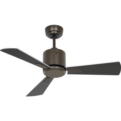 Een bruine plafondventilator met drie bladen is gemonteerd aan een wit plafond. Het ontwerp van de ventilator is modern en minimalistisch.