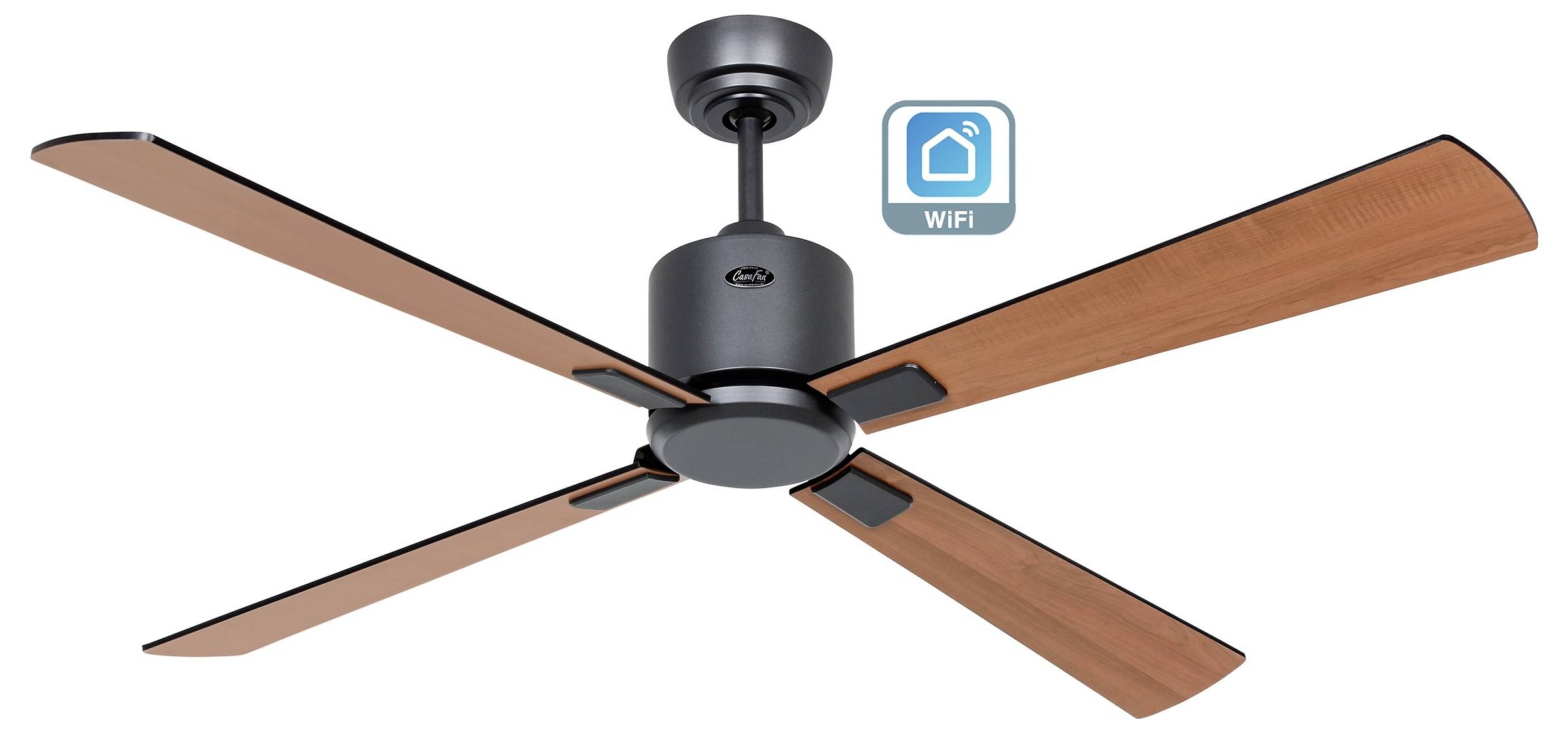 Plafondventilator met houten bladen en WiFi-connectiviteitsfunctie, gemarkeerd met een WiFi-symbool.