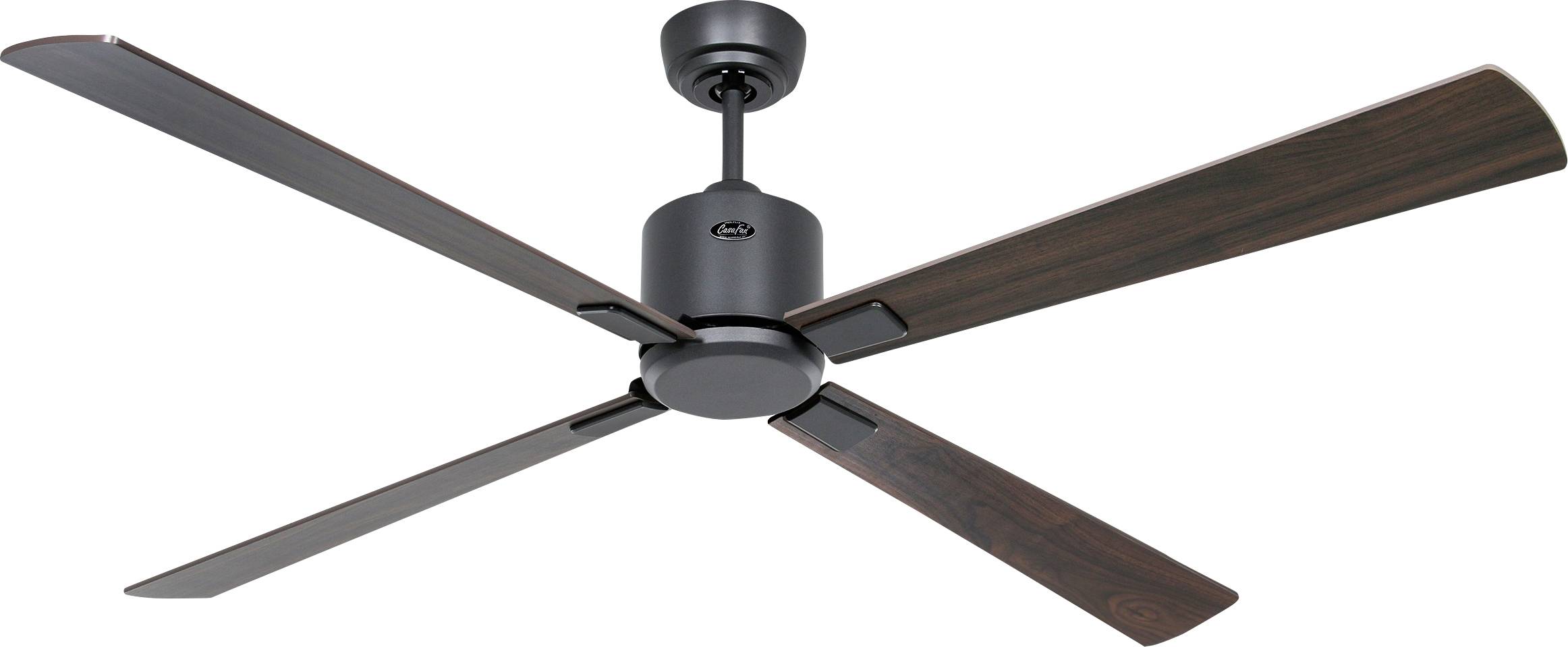 Een moderne plafondventilator met vier donkerbruine bladen en een strakke zwarte motor, ontworpen voor efficiënte luchtcirculatie in een huisinterieur.