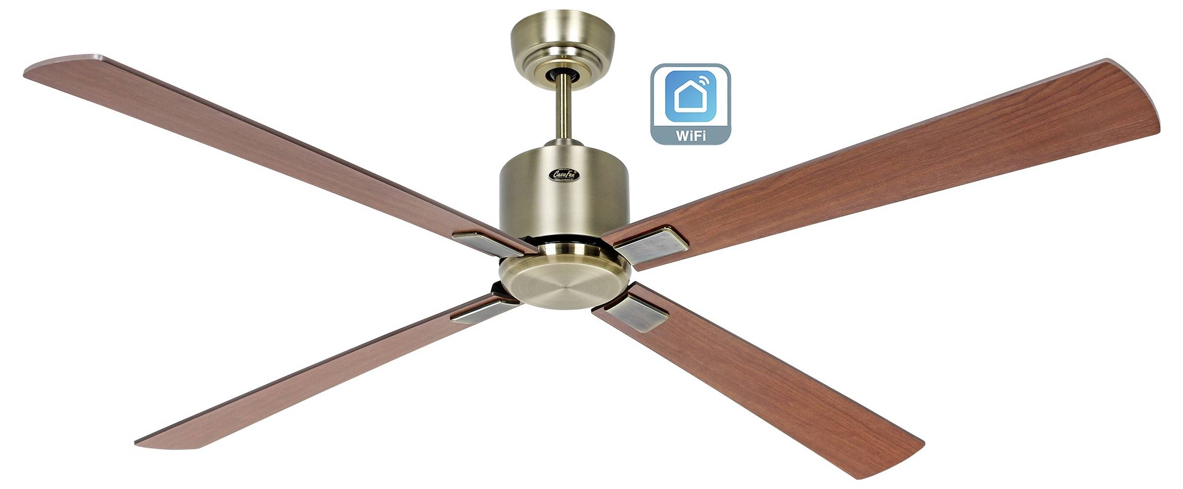 Plafondventilator met houten bladen en messing afwerking, voorzien van een 'WiFi' bedieningspictogram voor slimme functionaliteit.