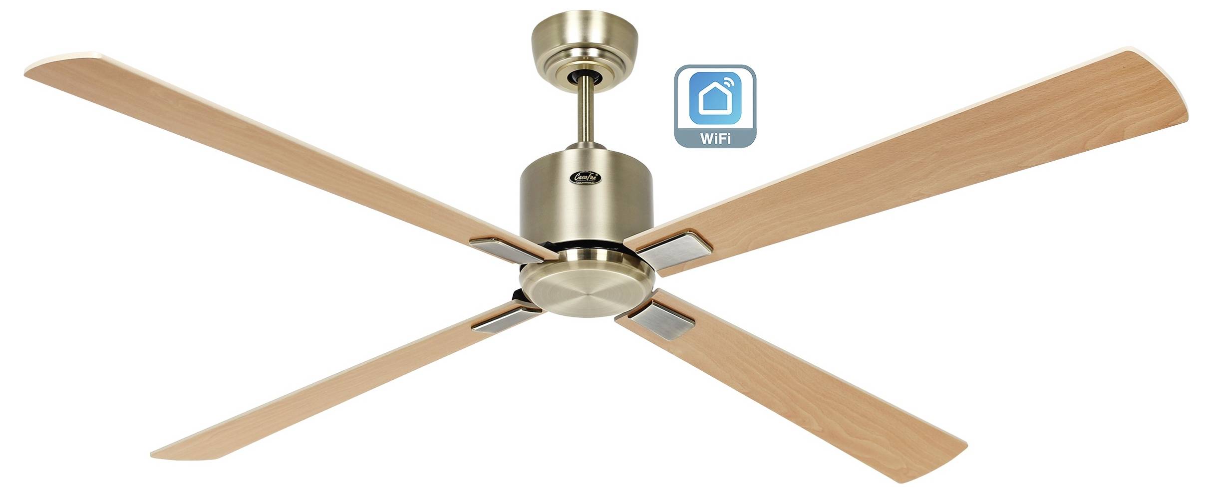 Plafondventilator met vier houten bladen en een geborsteld metalen afwerking, met daarboven een Wi-Fi-connectiviteitspictogram dat slimme mogelijkheden aangeeft.