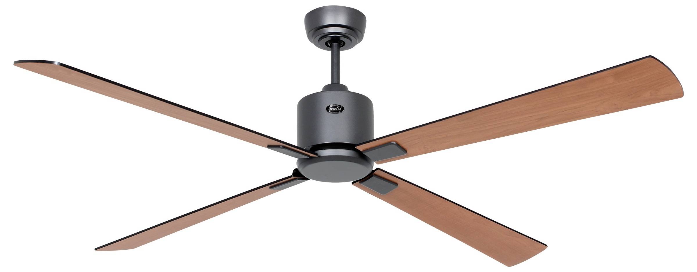 Een plafondventilator met vier houten bladen en een strakke metalen behuizing, ontworpen voor moderne huiskoeling en luchtcirculatie.