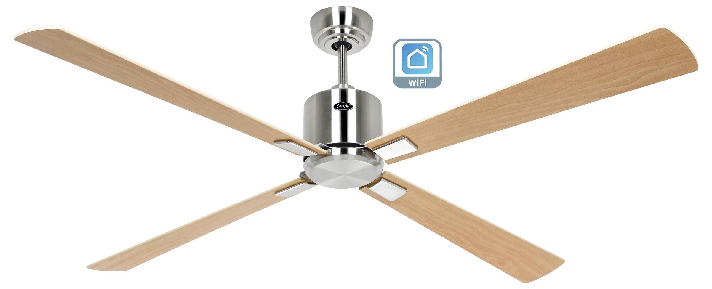 Plafondventilator met houten bladen en een metalen middenstuk heeft een WiFi-mogelijkheden pictogram, wat slimme woning integratie aangeeft.