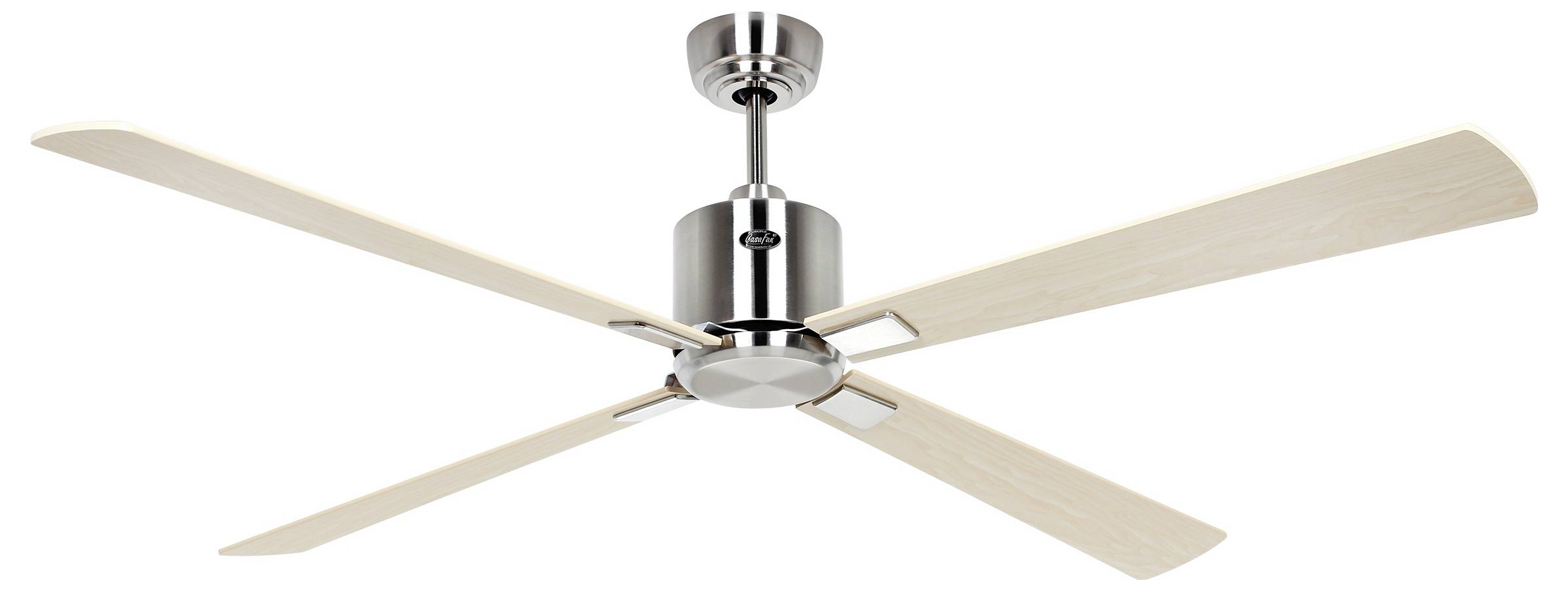 Een moderne plafondventilator met vier lichthouten bladen en een strakke metallic afwerking.