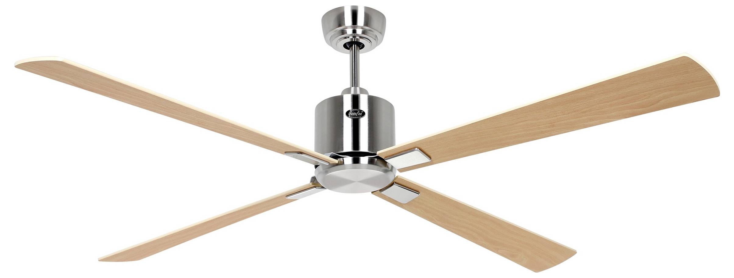 Plafondventilator met houten bladen en een metallic afwerking, die eigentijdse stijl en efficiënte luchtcirculatie biedt voor binnenruimtes.