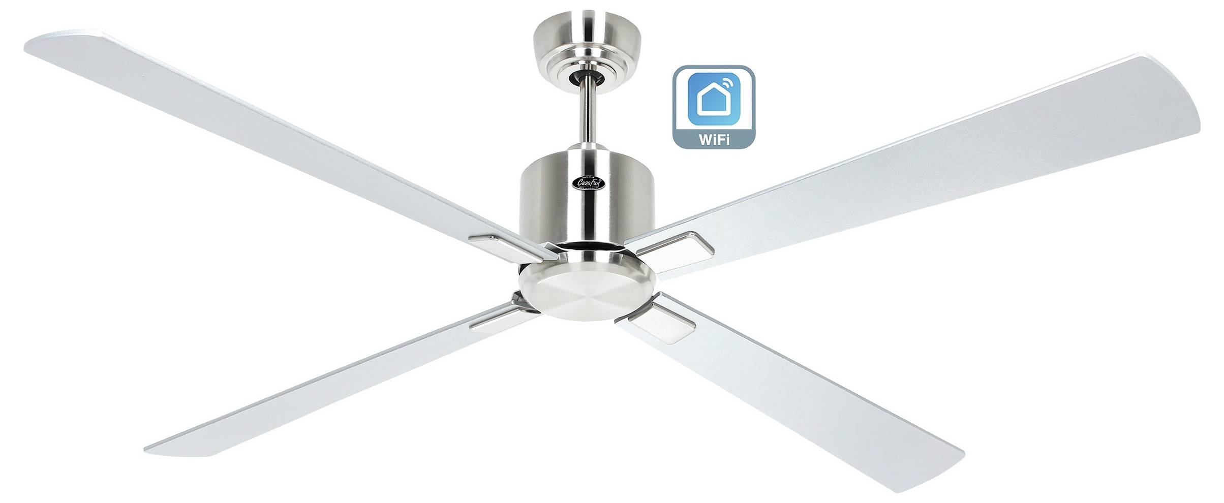 Plafondventilator met een modern design, voorzien van metalen bladen en een centrale naaf; een WiFi-pictogram suggereert slimme functionaliteit.