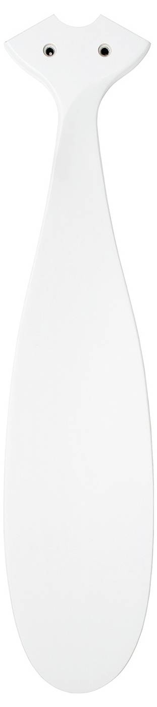 Een witte, langwerpige ovale vorm met twee kleine gaatjes aan de bovenkant, die lijkt op een minimalistische peddel of mes.