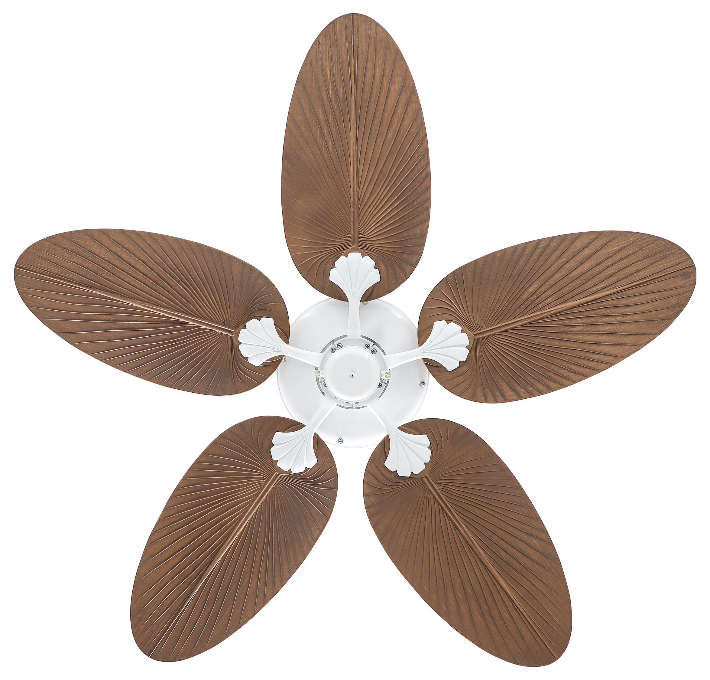 Een plafondventilator met vijf bladvormige bruine wieken en een witte centrale naaf, gezien van onderaf.