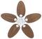 Een plafondventilator met vijf bladvormige bruine wieken en een witte centrale naaf, gezien van onderaf.