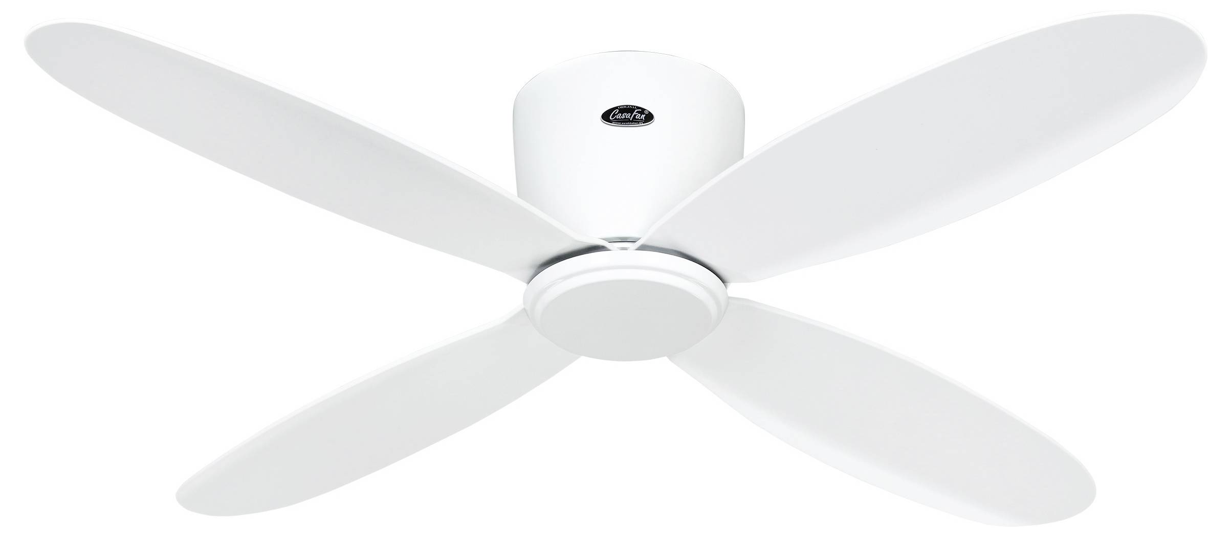 Witte plafondventilator met vier bladen, centrale motorbehuizing, ontworpen voor moderne inrichting en efficiënte luchtcirculatie.