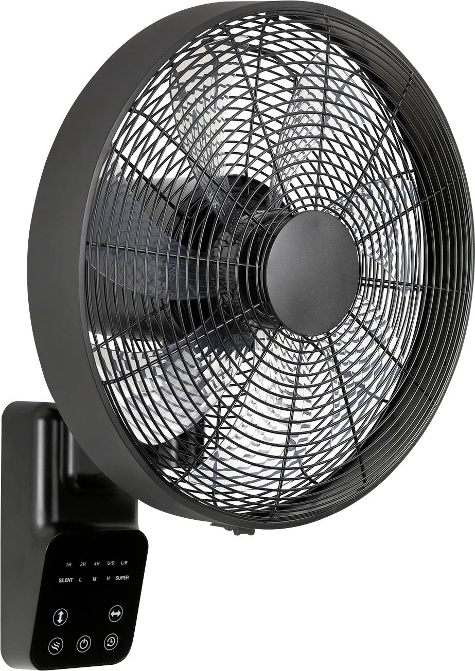 Een zwarte wandgemonteerde ventilator met een digitaal bedieningspaneel, voorzien van knoppen voor aan/uit, snelheid en timer-instellingen.