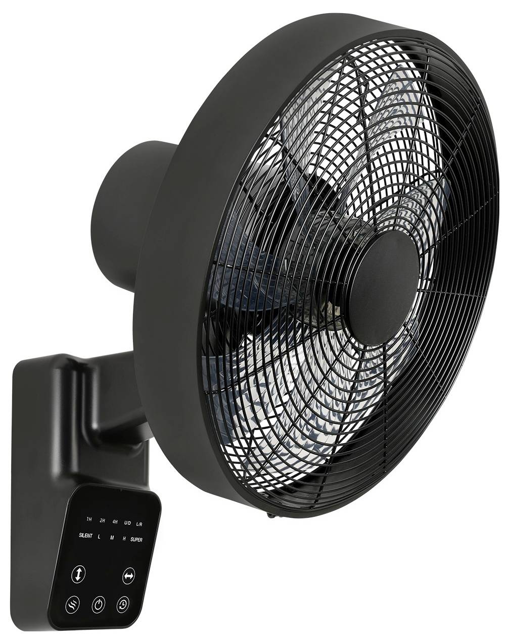 Wandgemonteerde zwarte metalen ventilator met beschermend rooster, verstelbare snelheidsinstellingen en bedieningspaneel voor luchtstroom aanpassing.