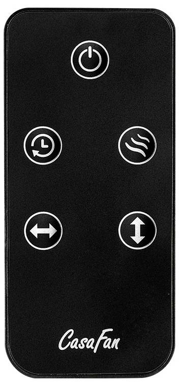 Zwarte afstandsbediening met vijf knoppen: aan/uit, timer, golf, links-rechts pijl, omhoog-omlaag pijl. 'CasaFan' logo onderaan.