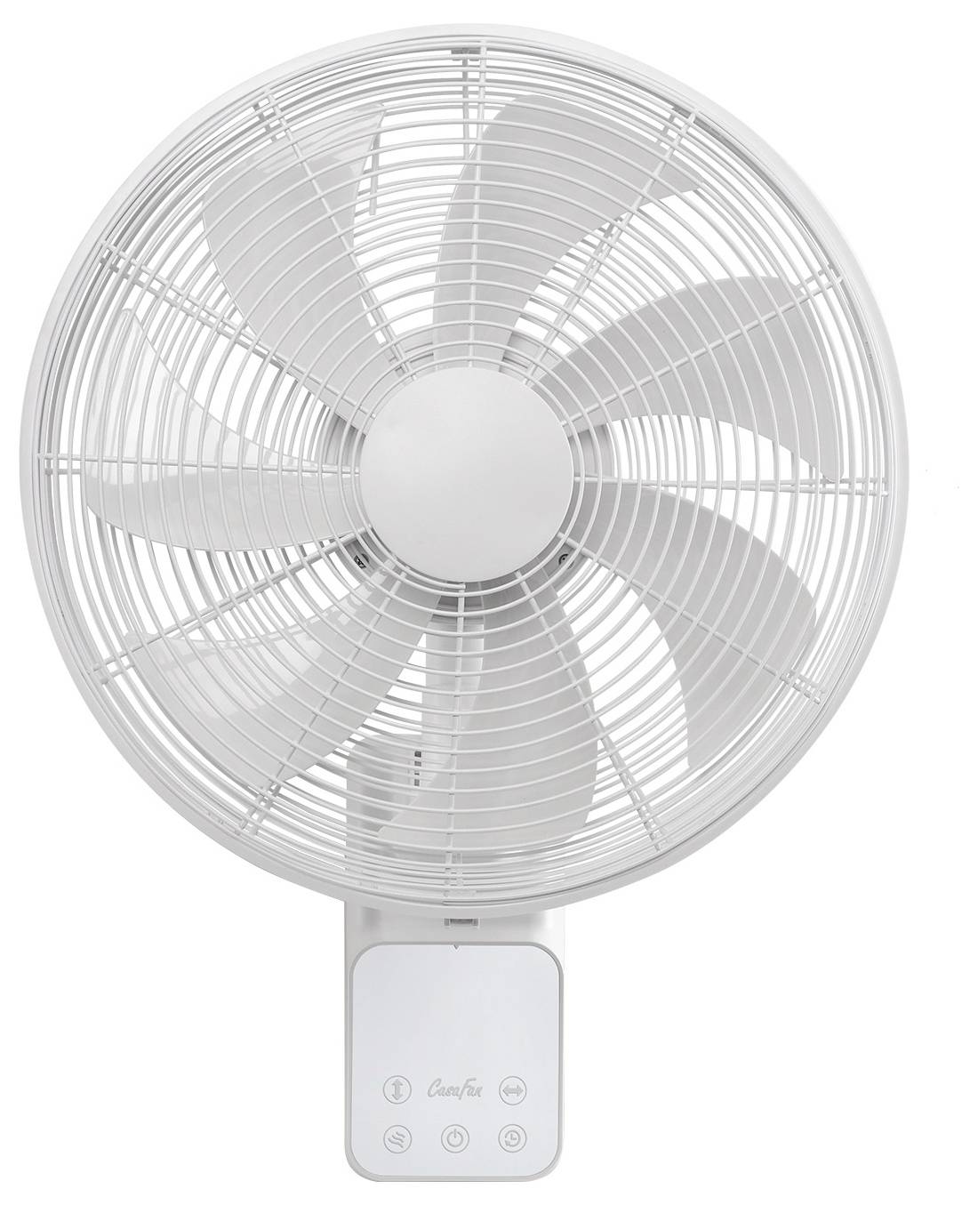 Een witte wandgemonteerde oscillerende ventilator met zichtbare bedieningsknoppen, ontworpen voor het koelen van binnenruimtes.