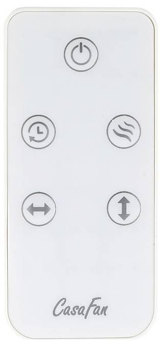 Een witte afstandsbediening met vijf knoppen: aan/uit, timer, bries, links-rechts oscillatie, en op-neer verstelling. 'CasaFan' merklogo onderaan.